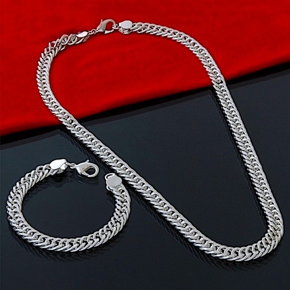 STERLING SILVER CHAIN LINK PLATED  10mm UNISEX NECKLACE BRACELET SET - Picture 1 of 7